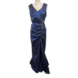 XSCAPE by Joanna Chen Evening Gown Size 14 Navy Blue Ruched Embellished Dress